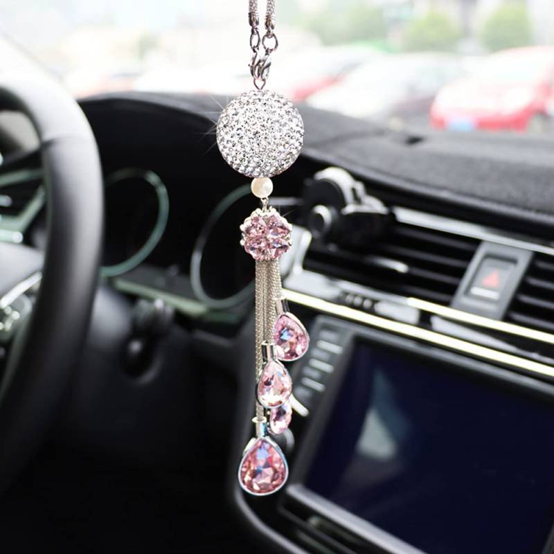 ihreesy Auto Rückspiegel Anhänger,Bling Bling Strass Auto Innenspiegel Anhänger Glitzer Kristall Ornament Hängende Dekoration Charm für Frauen Auto Innere Styling Zubehör,Rosa von ihreesy