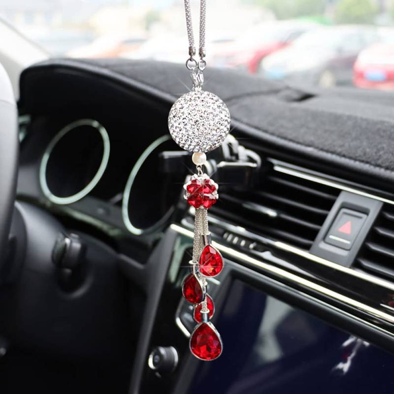 ihreesy Auto Rückspiegel Anhänger,Bling Bling Strass Auto Innenspiegel Anhänger Glitzer Kristall Ornament Hängende Dekoration Charm für Frauen Auto Innere Styling Zubehör,Rot von ihreesy