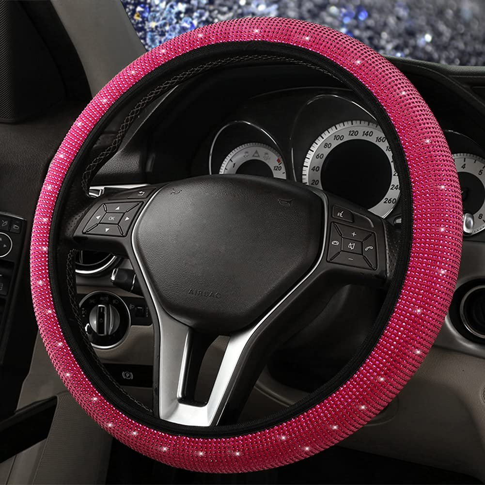 ihreesy Bling Bling Lenkradbezug,15 Zoll / 38cm Glitzer Diamant Kristall Lenkradabdeckung Lenkradschutz Damen Herren Lenkradhülle Universal Anti-Rutsch Samt Lenkradschoner Autozubehör,Rosa von ihreesy