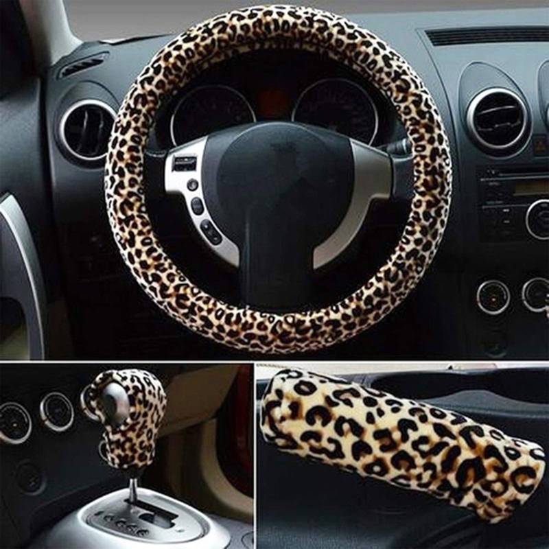 ihreesy Lenkrad Abdeckung für Frauen,3er Set 38cm Plüsch Leoparden Auto Lenkradhülle Lenkradbezug Lenkradschoner mit Handbremsabdeckung/Schaltknaufabdeckung Universal Auto Dekor Zubehör,Beige von ihreesy