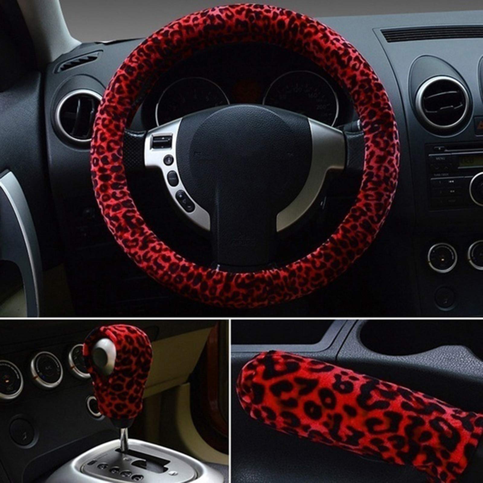 ihreesy Lenkrad Abdeckung für Frauen,3er Set 38cm Plüsch Leoparden Auto Lenkradhülle Lenkradbezug Lenkradschoner mit Handbremsabdeckung/Schaltknaufabdeckung Universal Auto Dekor Zubehör,Rot von ihreesy