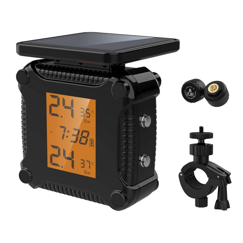 ihreesy Motorrad Reifendruckkontrollsystem, kabelloses TPMS-Reifendruckmesser Solar Motorrad Reifendruckkontrollgerät Wasserdicht Autoalarmsystem mit LCD-Display und 2 Externen Sensoren,M8 von ihreesy