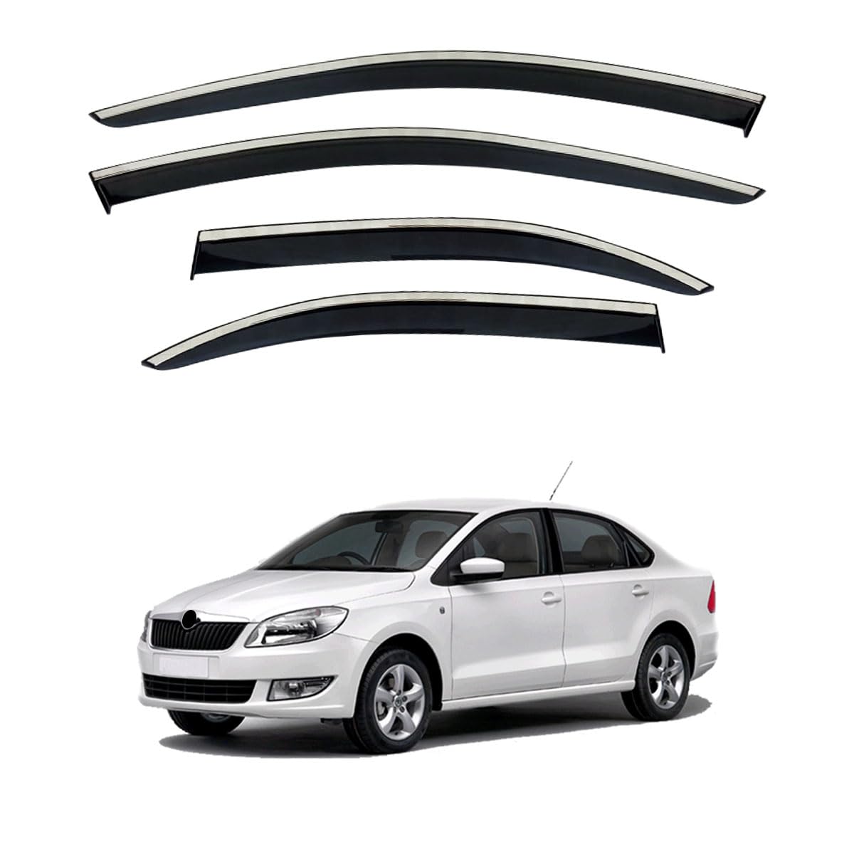 IKC Store Windabweiser für Skoda Rapid Sedan 2013 2014 2015 2016 2017 2018 2019 Windabweiser Auto Seitenfenster Visier Vent Shade Regenschutz verchromter Rahmen Hellschwarz 4 Stück von ıkc store