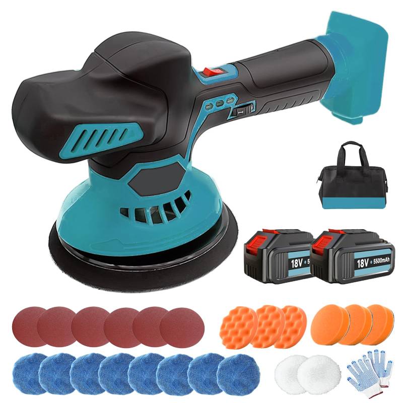 Auto Poliermaschine für Makita, 18V Exzenter Poliermaschine Orbital Auto Politur mit 6 Variablen Geschwindigkeiten für Autodetailing, Autoreinigung und Polieren von Auto (2PCS 5500mAh Batterien) von ikeborm