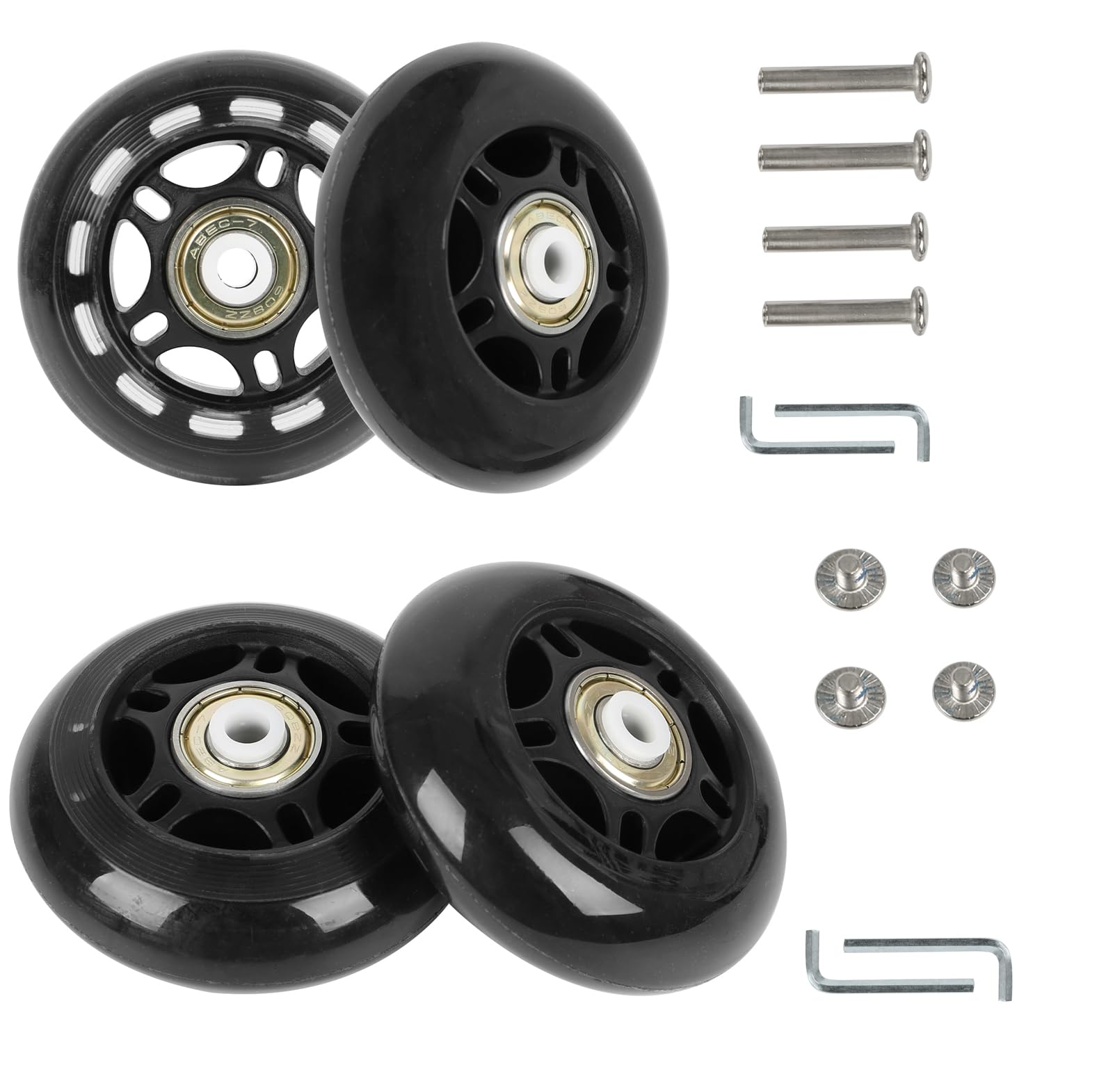 Kofferrollen 70 * 24mm, Skate-Räder, Kofferrollen Ersatzrollen mit Achsen Schraubenschlüssel Reparatur Paar Mute Ersatz Wheels für Koffer Gepäckwagen,Schlittschuhe (Schwarz x 4pcs) von jackfru