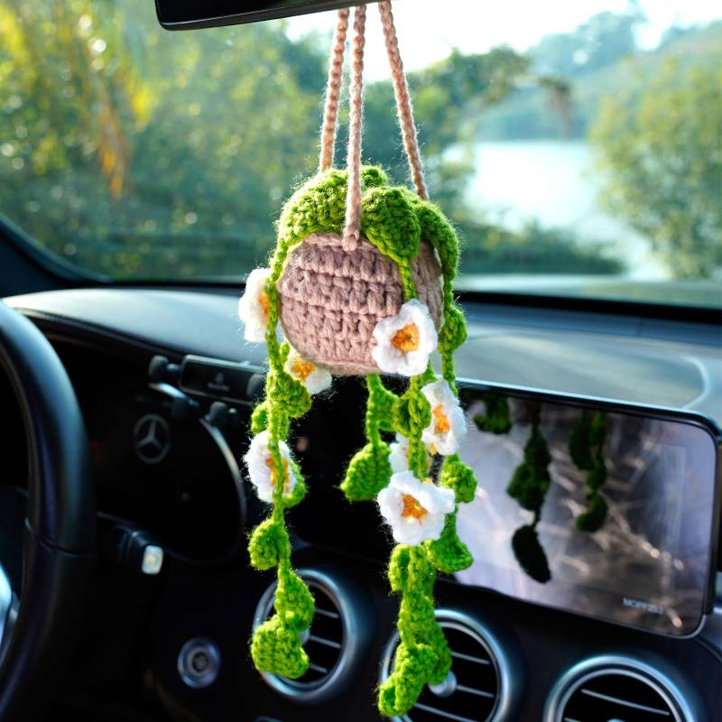 janeunique Autospiegel Anhänger, Auto Deko Innenraum, Auto Spiegel Dekor, Hängekorb Topfpflanzen Hand Gestrickt Ornament Geschenk für Männer Frauen von janeunique