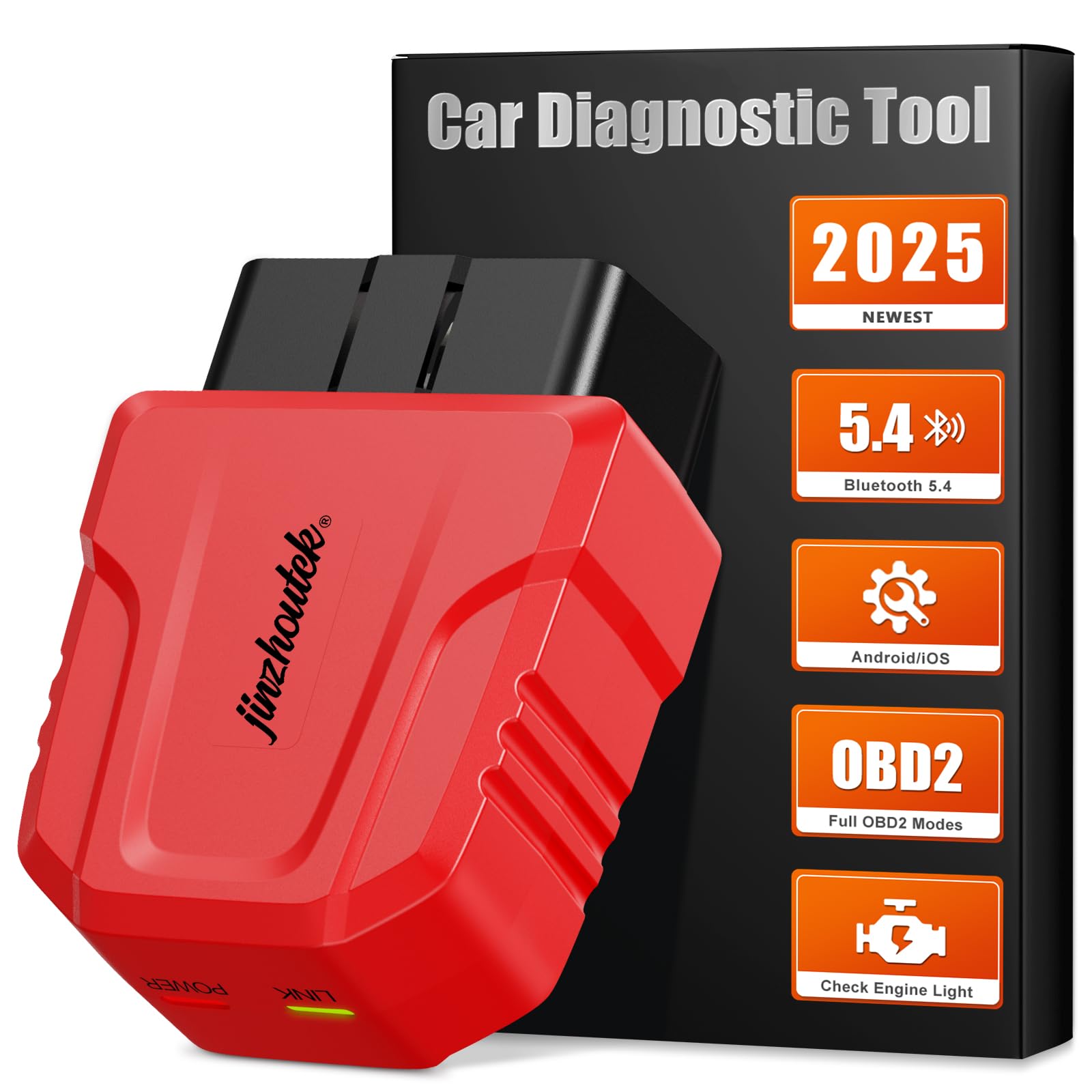 OBD2 Diagnosegerät OBD Bluetooth Adapter: OBD Bluetooth 5.4 Diagnosegerät Auto Adapter Diagnose ScannerTool für Alle System - Motorprüfung OBDII Fahrzeugleistungstest - 9 Protokolle - iOS Android von jinzhoutek