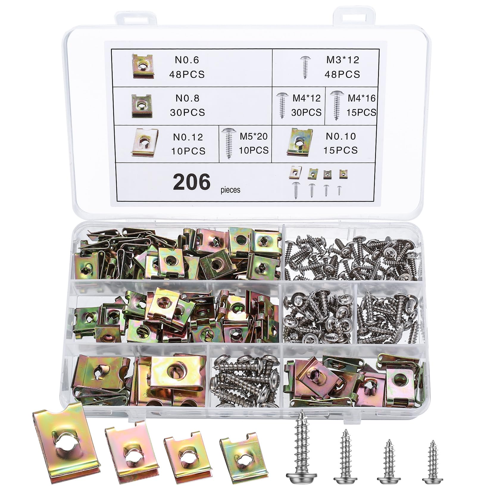 206 STK U-Typ Blechmuttern mit Schrauben Set, Kfz Schraube Mutter Clip Kit, Schnappmutter Karosserieschrauben Sortiment, Auto Befestigung Clips, Blechmutter Schraube Mutter Clip Kit für Auto Motorad von jiuxlaan