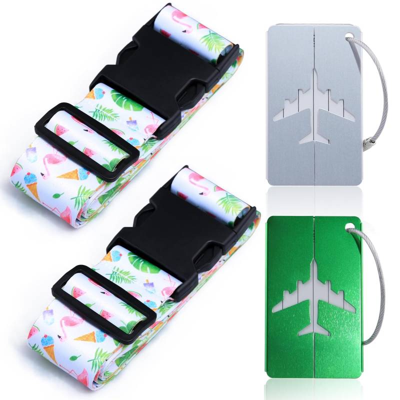 2 Stück Koffergurt mit 2 Stück Gepäckanhänger Set, Luggage Strap, Kofferband Einstellbare, mit Adressschild und Namensschildern Koffer Zubehör, Personalisierter Gepäckgurt mit Verschließbarer Schnalle von jsysj