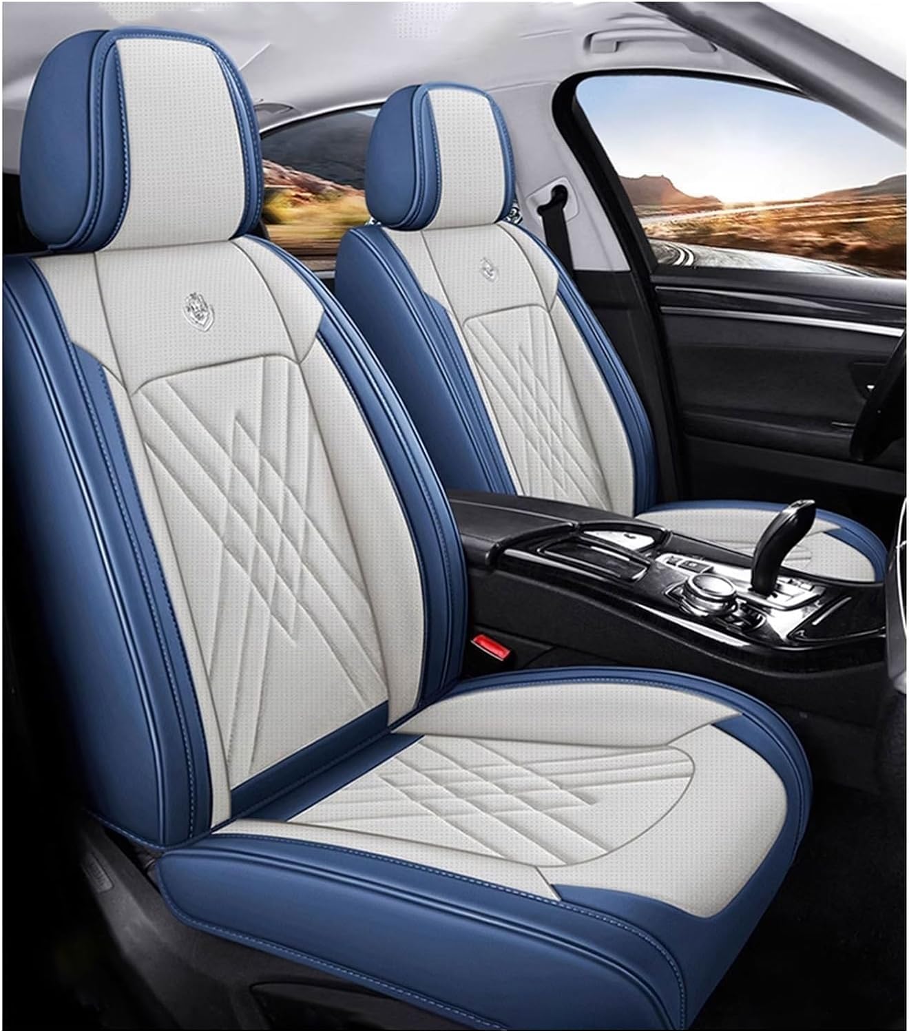 junjfawi Auto Sitzbezüge Sets für Opel Mokka A 2012 2013 2014-2019, Leder Allwetter wasserdichtes Komfortabler Autositzbezug Full Set Accessories,A Blue Rice von junjfawi