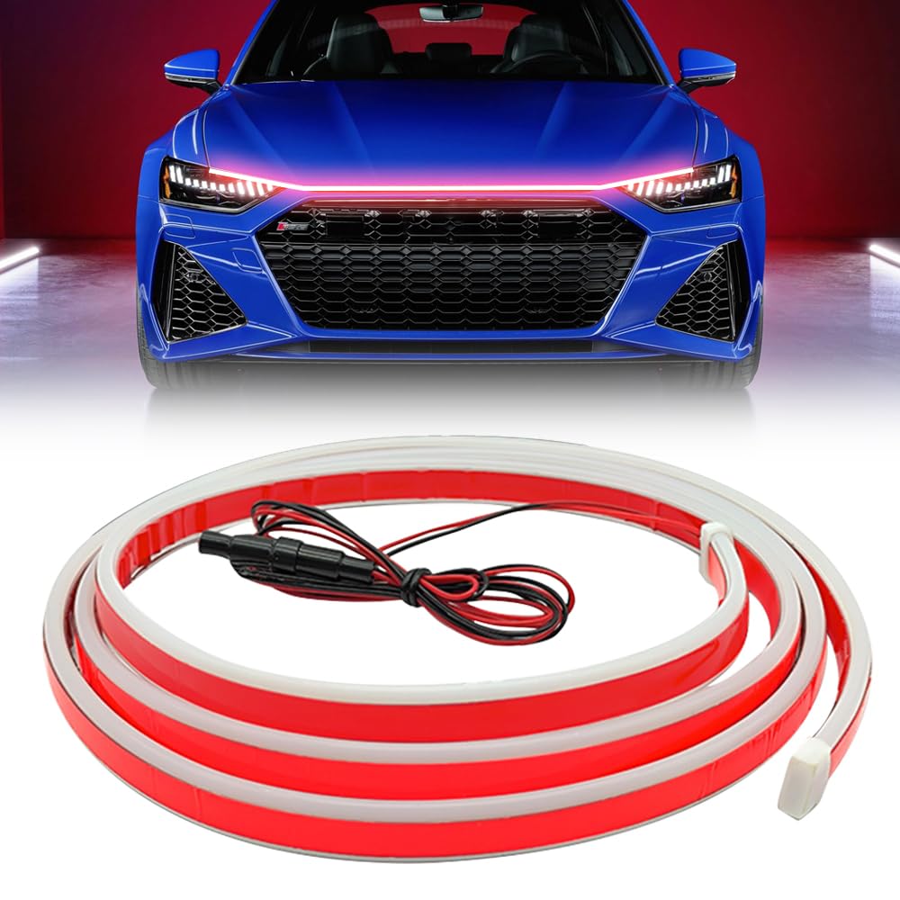 Auto Tagfahrlicht LED, 2025 Neuestes12V Wasserdicht Universal Car Hood Light Strip, 180CM Auto Streifen Licht Dynamischer Scan Start Up Hoodbeam Kit für Autos (Rot) von kailisi