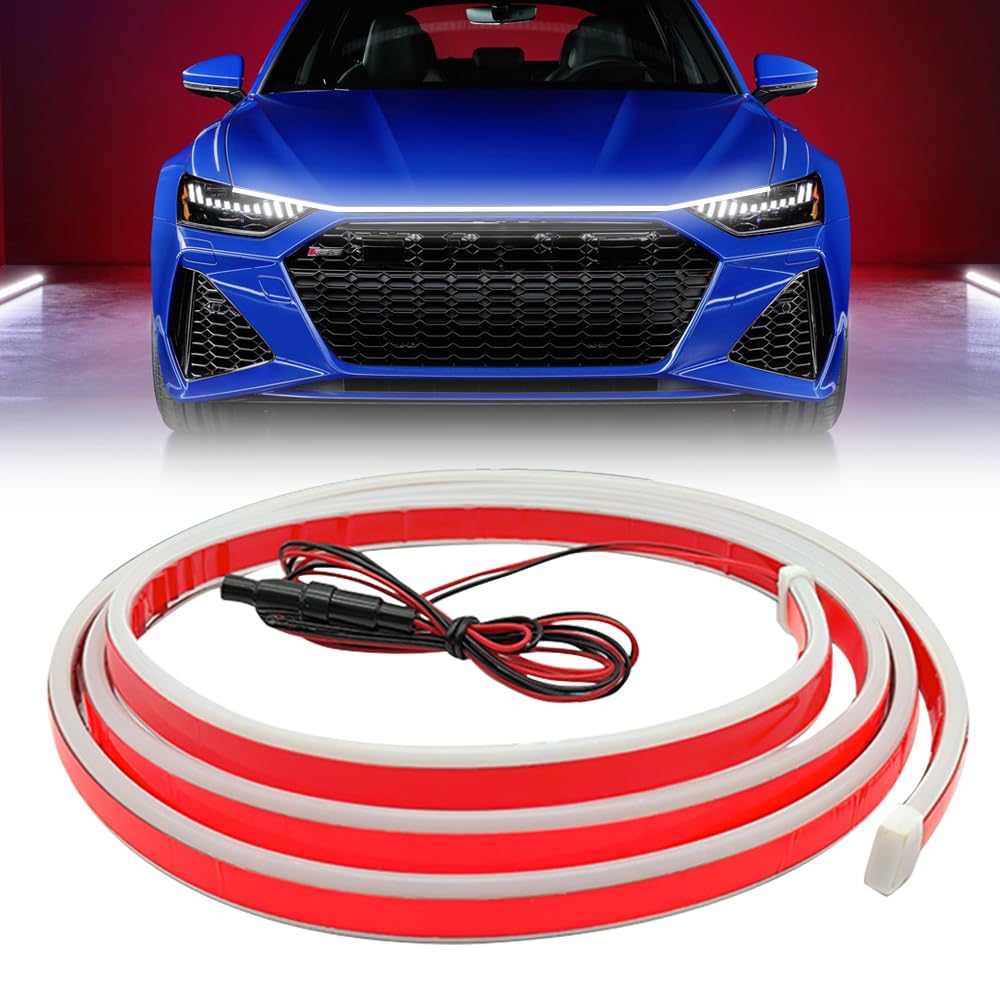 Auto Tagfahrlicht LED, 2025 Neuestes12V Wasserdicht Universal Car Hood Light Strip, 180CM Auto Streifen Licht Dynamischer Scan Start Up Hoodbeam Kit für Autos (Weiß) von kailisi