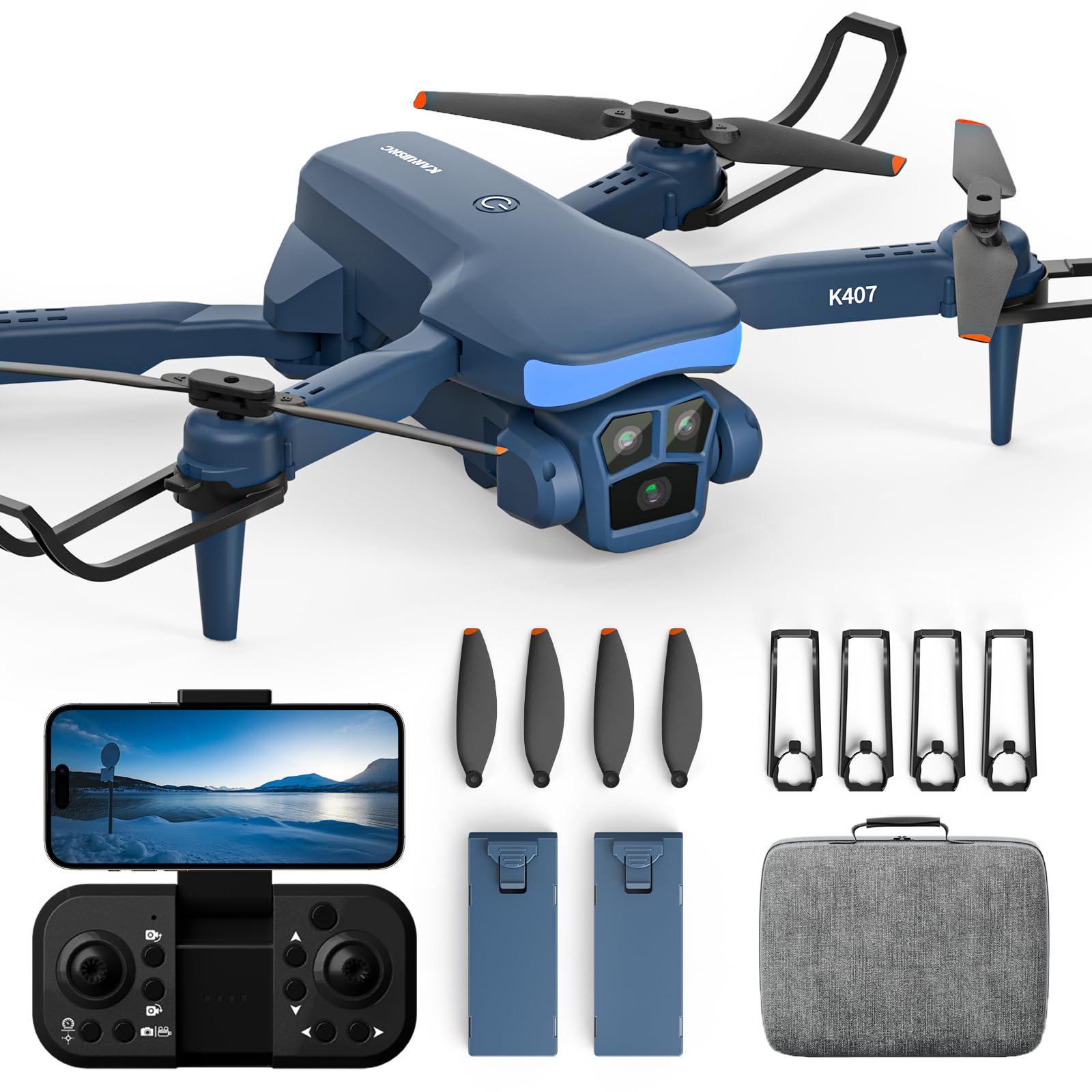 K407 Drohne mit Kamera für Erwachsener 1080P, 135° Verstellbares Objektiv, Faltbare Drones mit Start/Landung mit einer Taste für Anfänger, FPV RC Quadcopter mit Höhenhaltung, 3D Flip, 2 Batterien von karuisrc