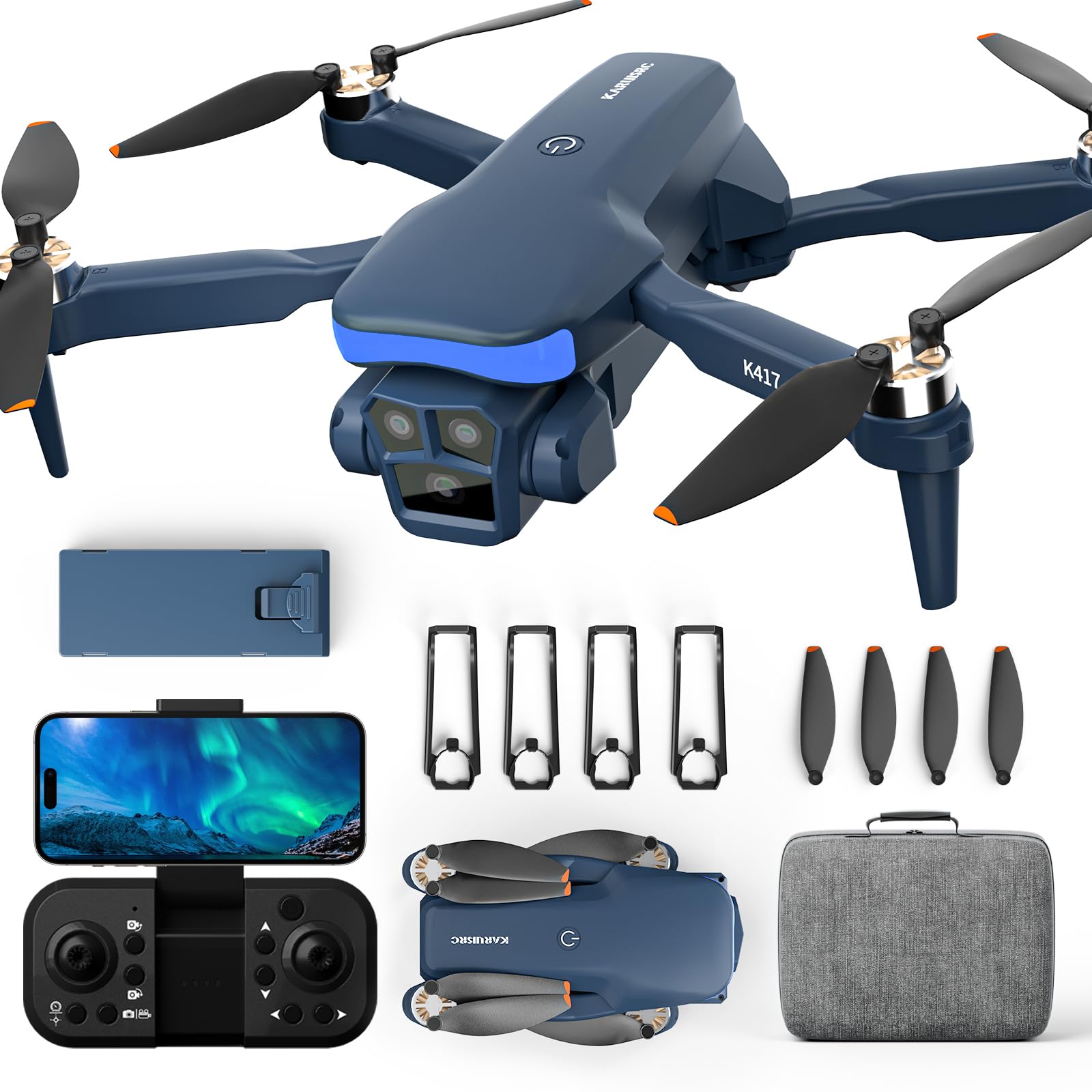 K417 Drohne mit Dual Kamera,1080p camera Kinderdrohnen mit Lichtern,5GHz WIFI Übertragung Drone für Erwachsen,Faltbar FPV RC Drones,Höhenhaltung und Kopflos Modus für Anfänger,Modulare Batterie von karuisrc