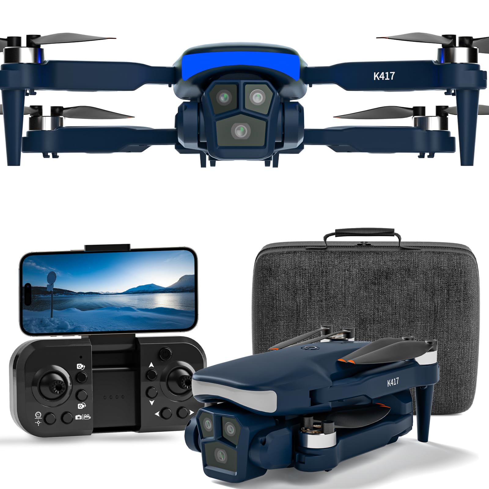 K417 Drohne mit Dual Kamera 1080p,LED Blau Lampe Bürstenlosem Drone mit 5GHz WIFI für Anfänger,FPV Drones Kopflos Modus,3D Flip,Höhenhaltung,Spielzeug und Geschenke,Modulare Batterie mit Langzeitflug von karuisrc