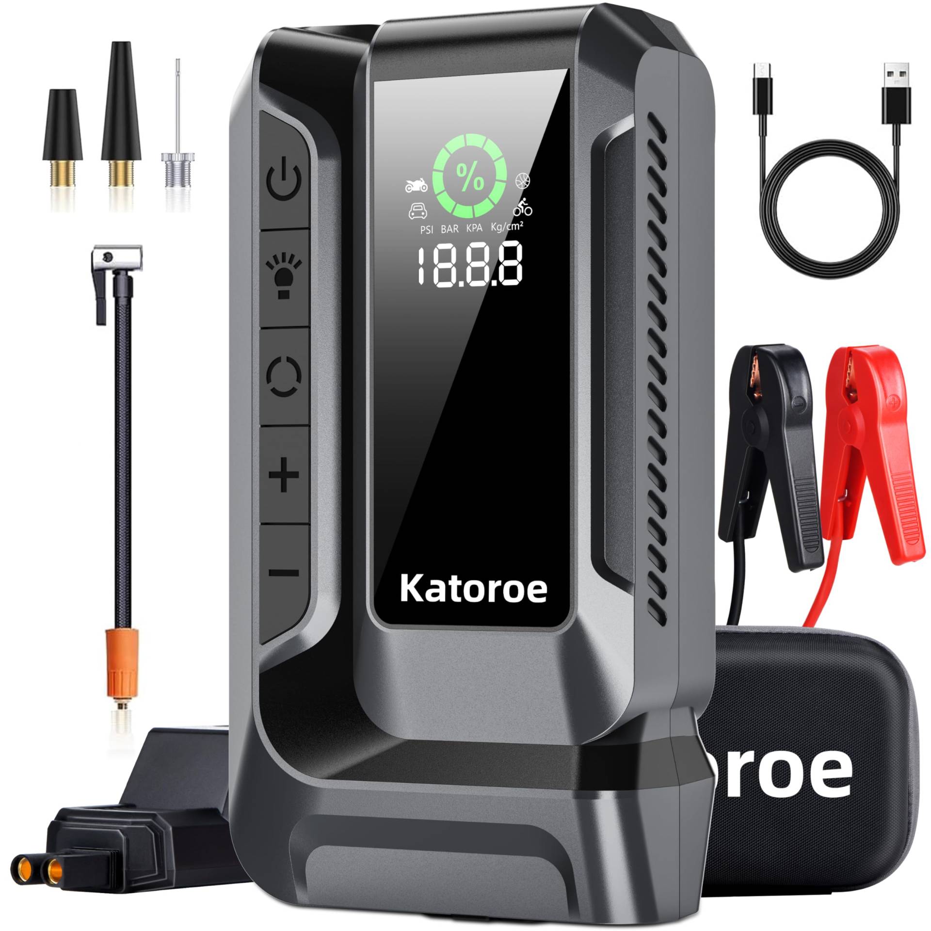 Katoroe Starthilfe Powerbank mit 150PSI Kompressor, 4000A 12V Auto Batterie Booster für alle Autos oder 10.0L Diesel,18000mAh 4-in-1 Tragbare Starter Powerbank mit 2 LED-Licht, LCD Display von katoroe