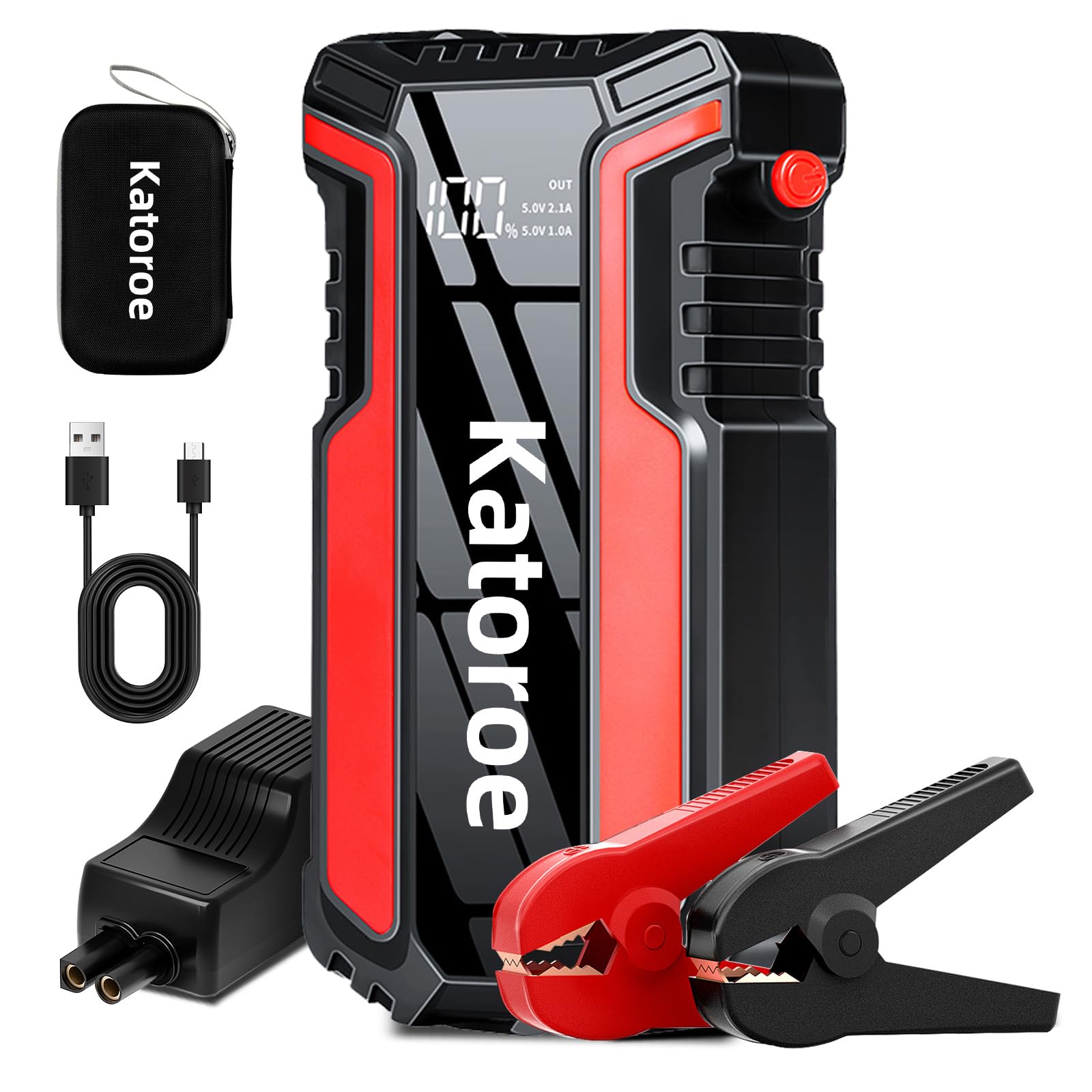 Katoroe Starthilfe Powerbank 4000A Notstrombatterie-Booster-Starter (9.0L Gas- oder 7.0L Dieselmotor), Powerbank mit USB 3.0-Schnellladefunktion und Multi-LED Taschenlampe Starthilfekabel Jump Starter von katoroe