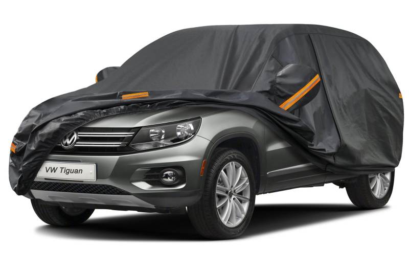 Kayme Autoplane Wasserdicht Atmungsaktiv für Volkswagen Tiguan (2007-2024), 7 Schichten Vollgarage Autoabdeckung für Regen Sonne Staub Schutz Verkratzt, Autoabdeckung mit Reflektierenden Streifen. von kayme