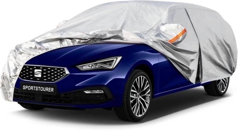 Kayme Autoplane Wasserdicht Atmungsaktiv für Seat Leon Sportstourer/ST/X-Perience (2012-2024), 6 Schichten Vollgarage Autoabdeckung für Regen Sonne Staub Schutz, mit Reflektierenden Streifen. von kayme