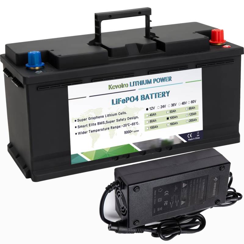 12 V 100 Ah LifePo4-Batterie,Autobatterien,bis zu 8000 tiefe Zyklen, LiFePo4 mit 100A BMS für Wohnwagen, Wohnmobile, Solar, Marine, Wohnmobile, Golfwagen, etc. Inklusive Ladegerät von kcvolro