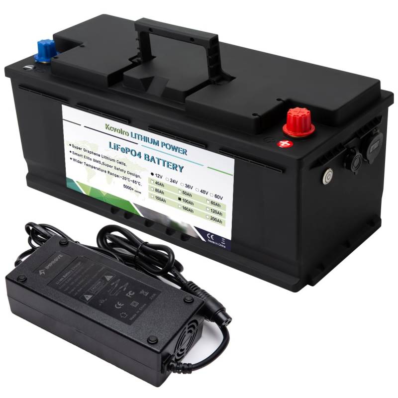 12V 100Ah Lifepo4 Lithium-Batterie, Deep-Cycle bis zu 7000 Zyklen, geeignet für Golf-Carts, Solar-Caravans, Wohnmobile, Marine-Batterien und andere Anwendungen. Inklusive Ladegerät von kcvolro