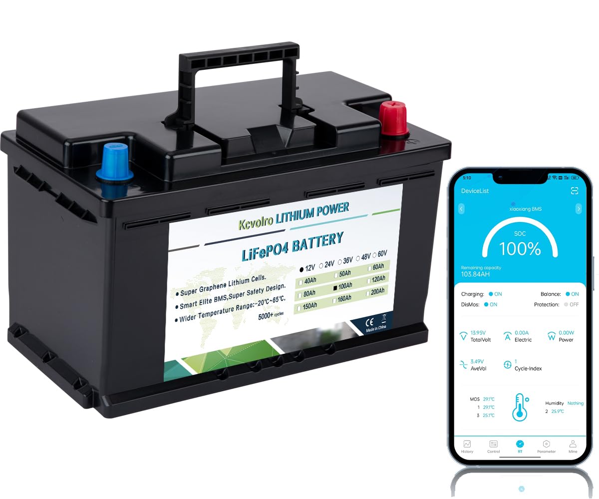 Kcvolro 12V 100Ah LiFePO4 Lithium Batterie with Bluetooth, 100A BMS, bis zu 15000 Zyklen, Mini-Größe für Wohnwagen, Wohnmobile, Boote, Trolling-motor, Solar, Heim-Energiespeicher, Autorbatterie von kcvolro