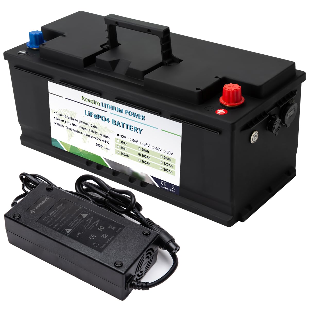 LiFePO4 Batterie 100Ah 12V 1280Wh Tiefenzyklus Lithium-Eisen-Phosphat-Batterie Eingebaute BMS-Schutz Aufladen und Entladen Hohe Leistung für Golfwagen EV RV Solarbatterie von kcvolro