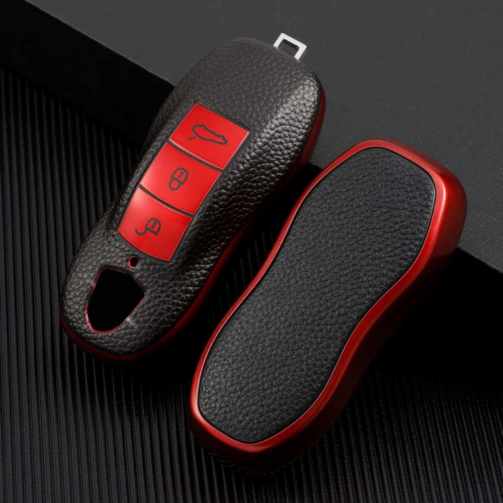 Autoschlüssel hülle Cover TPU Hülle Auto Fernbedienung Schlüssel Zubehör Passend für Porsche Cayman/Macan/Boxster… (Leder - Rot) von keyscover