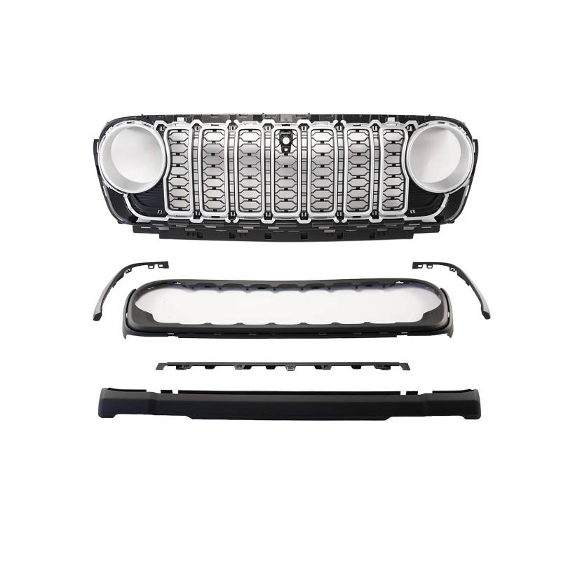 Auto Frontlippe Spoiler Für Jeep Für Wrangler JL JT 2018 2019 2020 2021 2022-2024 Auto Vorderen Stoßfänger Mesh Grille Mit Kamera Loch Silber Außen Zubehör Front Spoiler Lippe(Silber) von kjjukrhfs