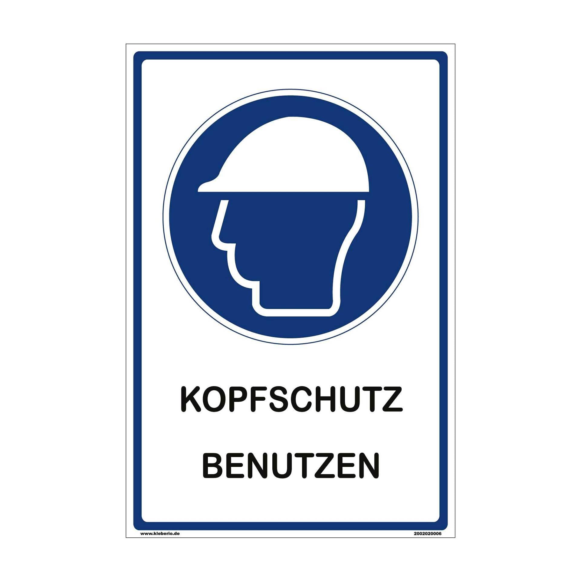 kleberio® Hinweisschild Baustelle - Kopfschutz benutzen - 20 x 30 cm Schutzhelm Bauhelm blau Baustellen Arbeit Forsthelm Arbeitsschutz Unfallverhütung Werkstatt Schild Chemie Labor von kleberio