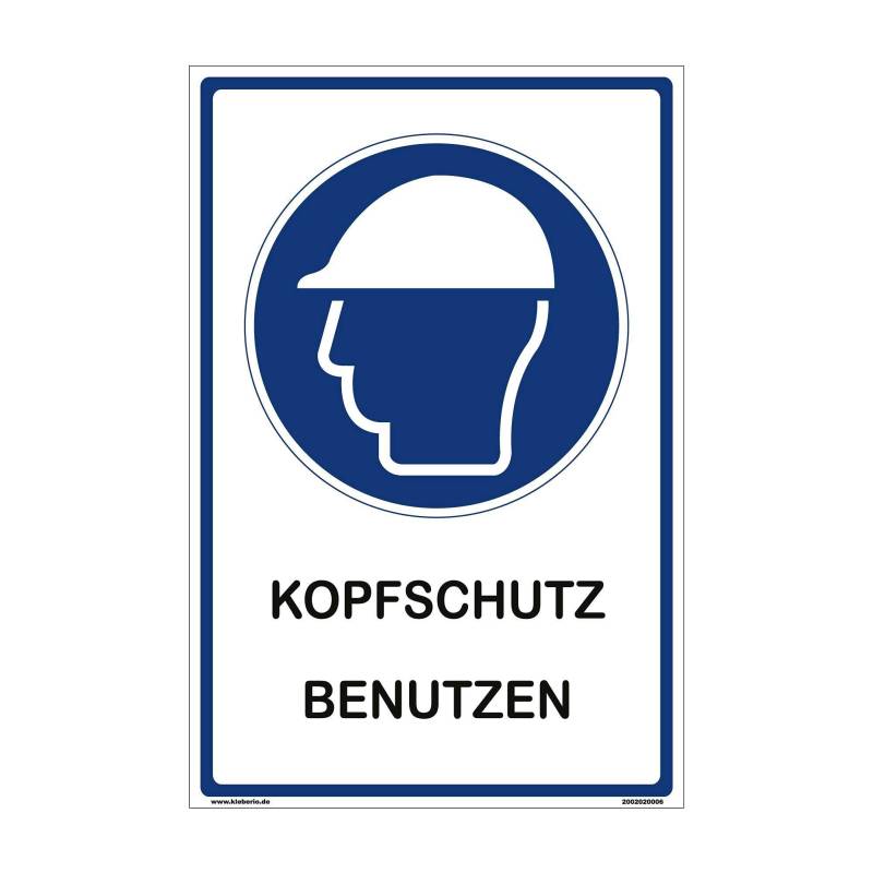 kleberio® Hinweisschild Baustelle - Kopfschutz benutzen - 20 x 30 cm Schutzhelm Bauhelm blau Baustellen Arbeit Forsthelm Arbeitsschutz Unfallverhütung Werkstatt Schild Chemie Labor von kleberio