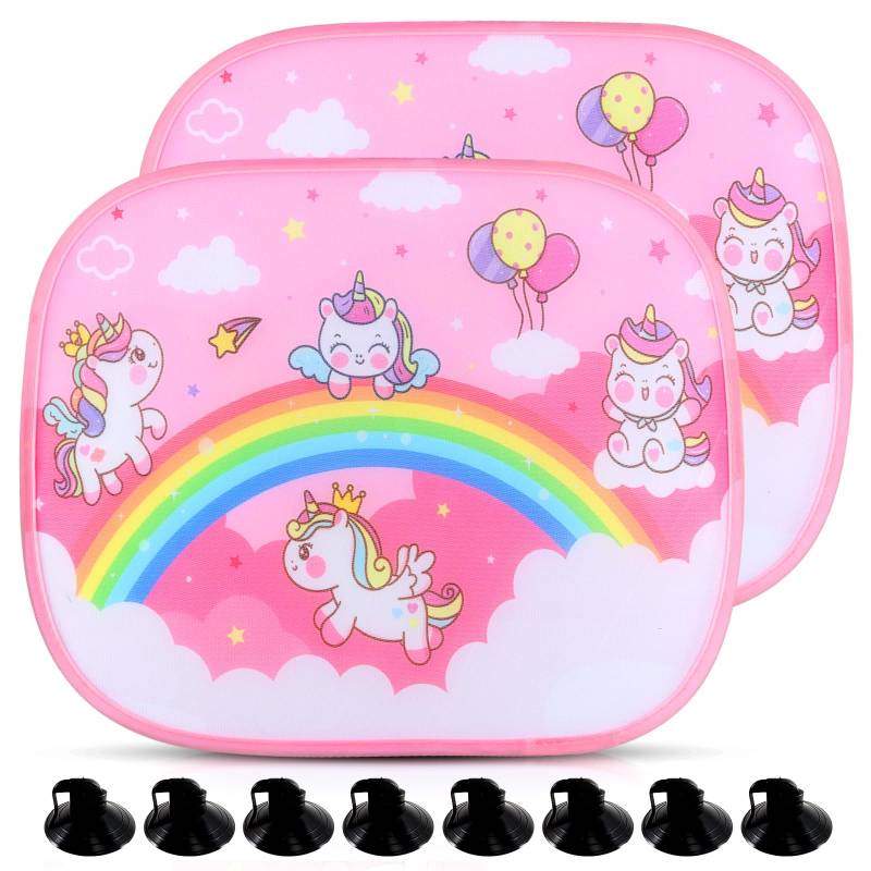 2 Stück Auto Sonnenschutz,44x35cm Sonnenschutz Auto Baby Kinder,Sonnenschutz für Auto mit UV Schutz,Pink-Einhorn Motiv,mit 8 Saugnäpfen von kudmwcc