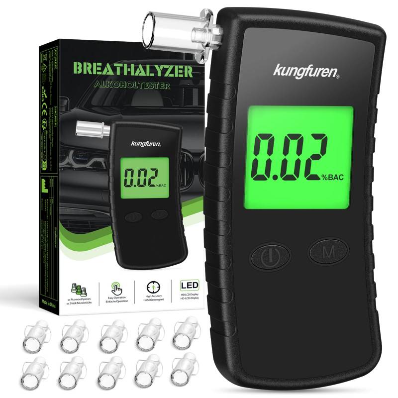 Alkoholtester Polizeigenau Alkohol Tester Promillemessgerät: Promilletester Alkoholmessgerät mit 11 Mundstücke - Professioneller Alkoholtest mit Digitaler Blauer Großem LCD Display von kungfuren