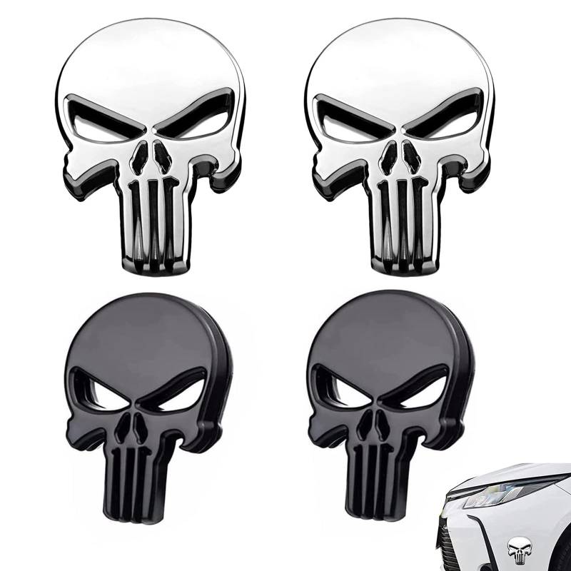 4 Stück Autoaufkleber Punisher Skull, Totenkopf Skull Auto Sticker, Punisher Skull Sticker, 3D Metall Aufkleber Silber für Motorrad, Fahrrad, Auto Styling DIY Dekoration Zubehör （Schwarz, weiß） von landscape lights2K