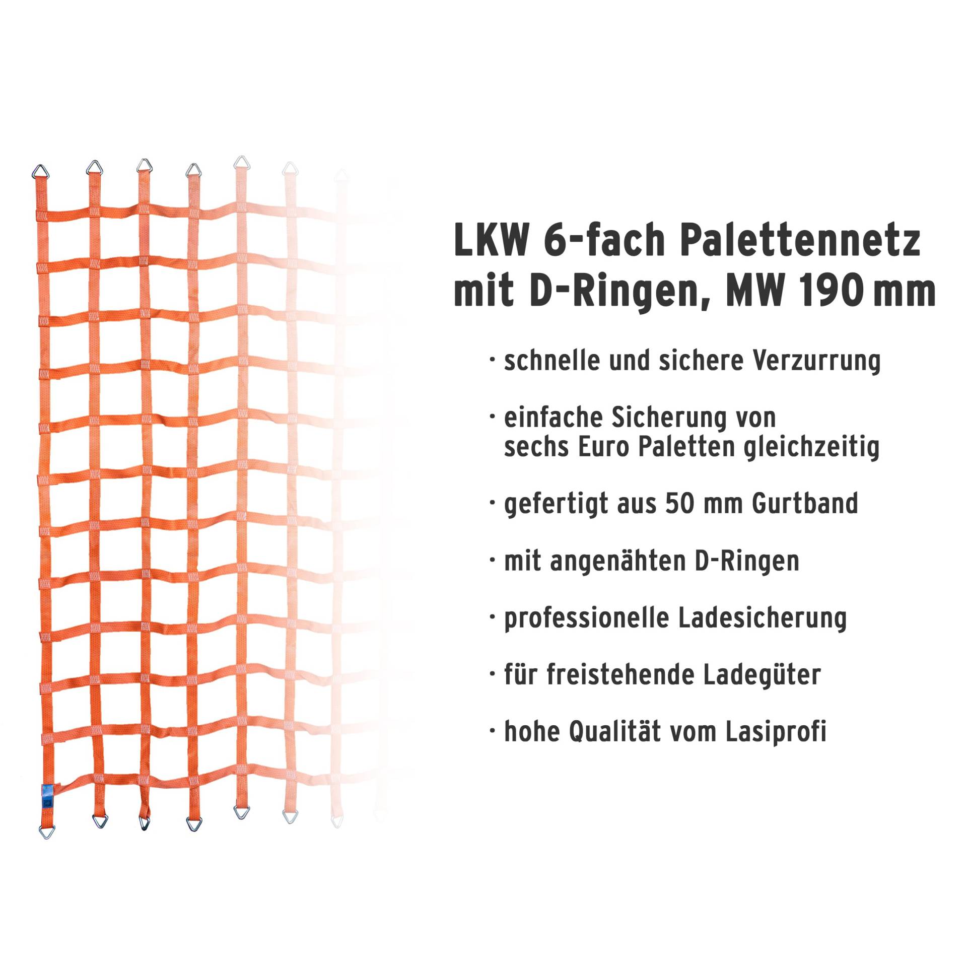 Lasiprofi Gurtbandnetz 50mm, Ladungssicherungsnetz 2690 x 2690 mm für LKW und Anhänger, orange mit D-Ringen für 6 Paletten gleichzeitig | Ladungssicherung | Niederzurren (Maschenweite 190 x 190 mm) von lasiprofi