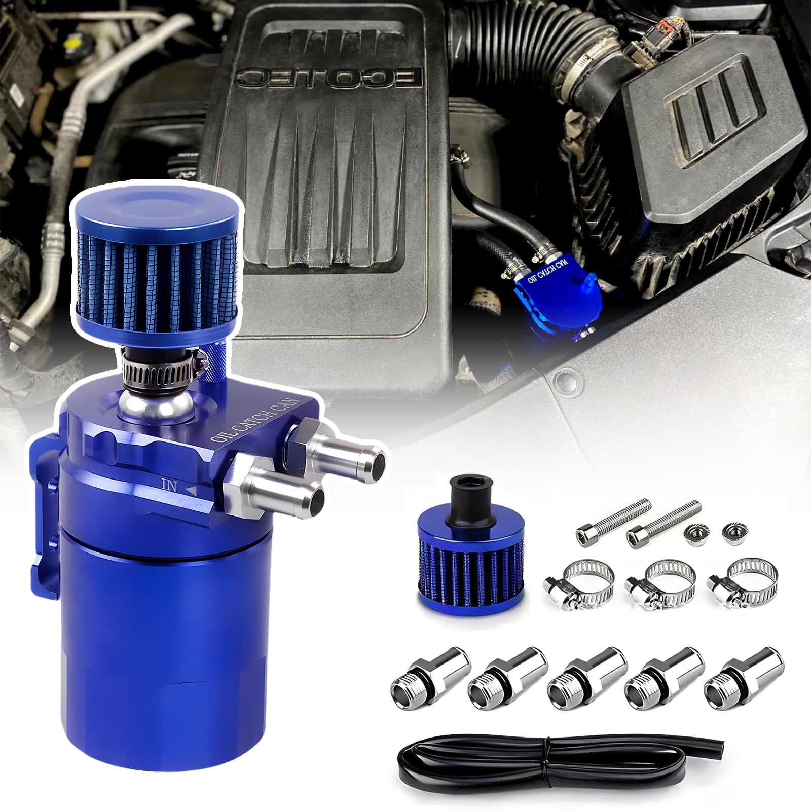 Oil Catch Can,Ölbehälter,300ml Aluminium Auto Reservoir Tank ,Universal Auto Tank Tank Kit,mit Luftfilter, Schlauch und sonstiges Zubehör (Blau) von lcvtos