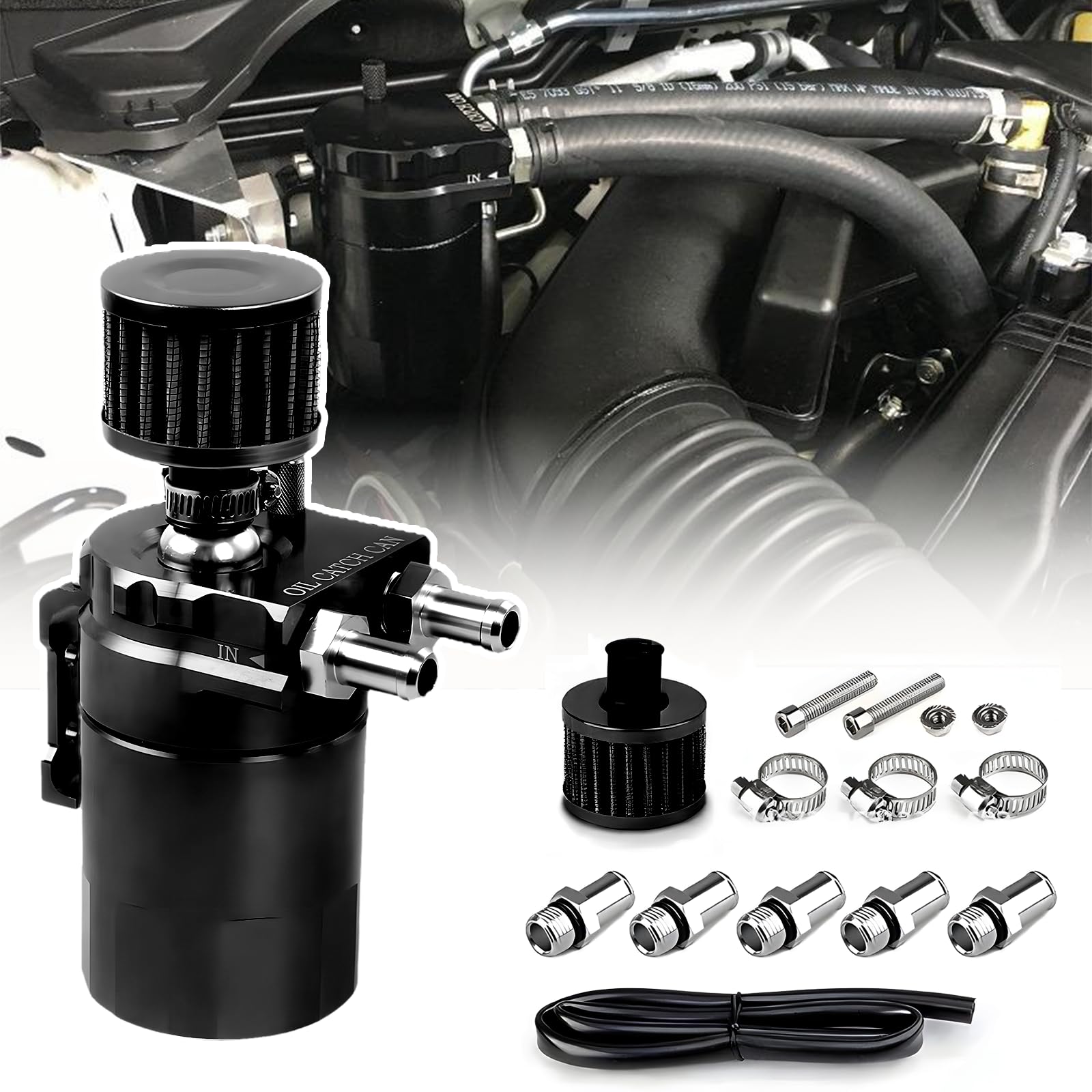 Oil Catch Can,Ölbehälter,300ml Aluminium Auto Reservoir Tank ,Universal Auto Tank Tank Kit,mit Luftfilter, Schlauch und sonstiges Zubehör (Schwarz) von lcvtos