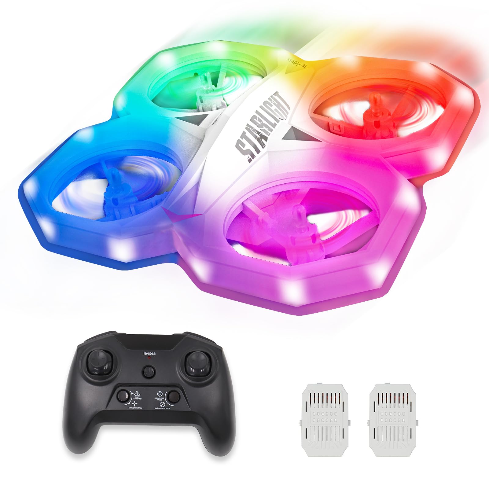 IDEA1 Mini Drohne mit 11 LED Lichtmodus für Anfänger, RC Drone mit Hochgeschwindigkeits Rotation, Kopfloser Modus, 360° Flip, 2 Batterien Quadcopter von le-idea