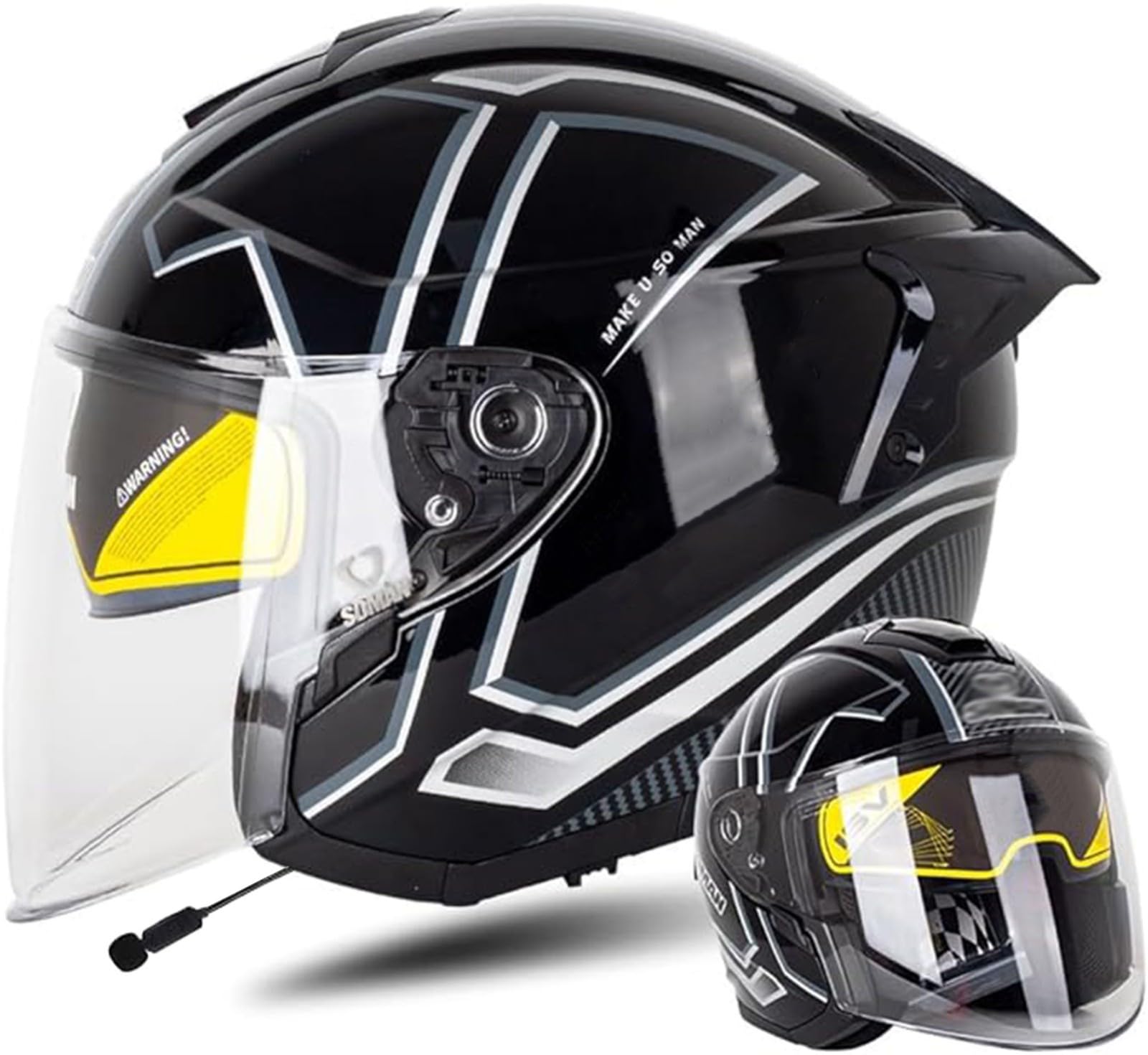Bluetooth-Motorradhelm Mit Offenem Gesicht, Doppelvisier, 3/4-Halbhelme, Streetbike-, Cruiser-, Scooter-, Touring-Jethelm, Unisex-Sturzhelm, DOT/ECE-Geprüft 1,S=54-55CM von letianzhao