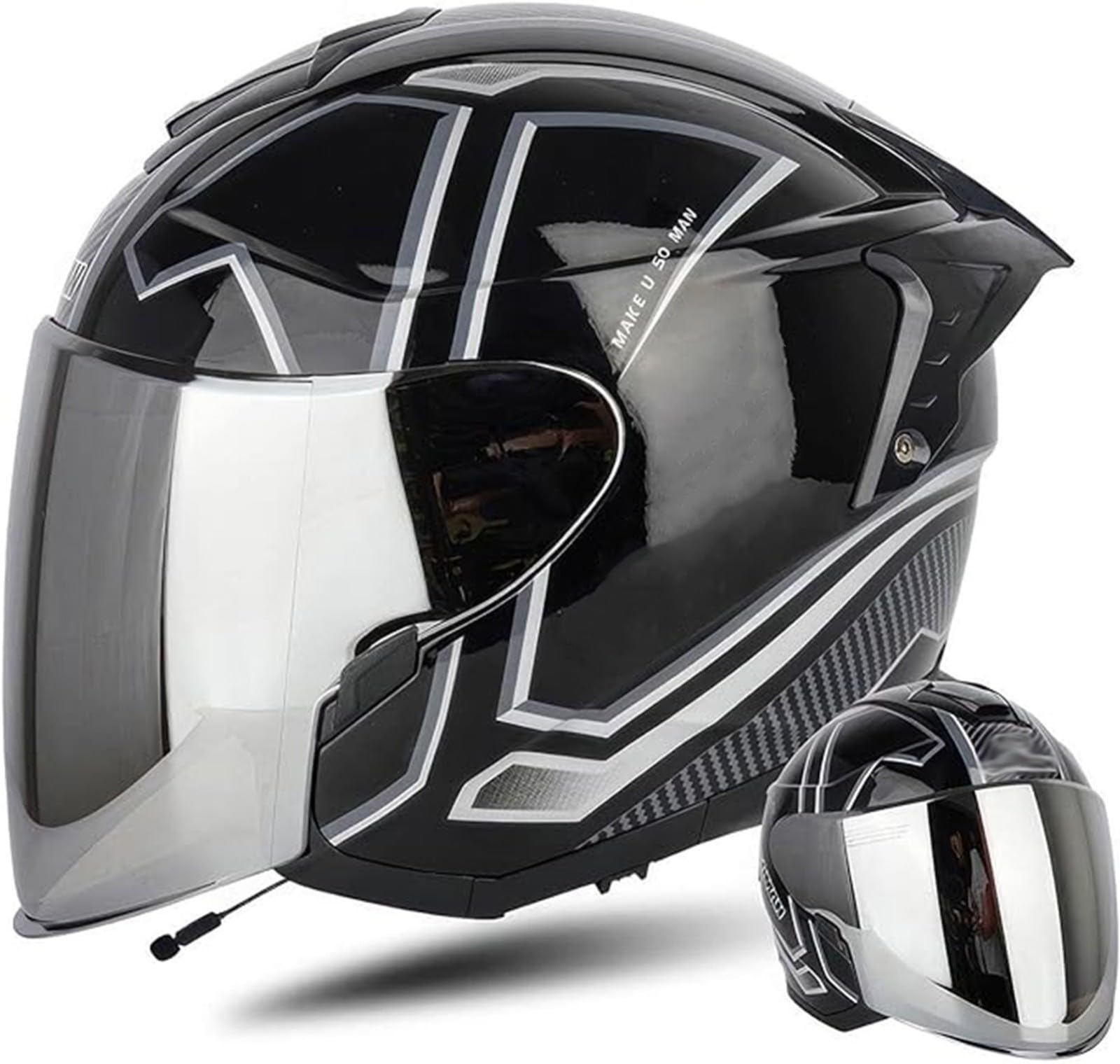 Bluetooth-Motorradhelm Mit Offenem Gesicht, Doppelvisier, 3/4-Halbhelme, Streetbike-, Cruiser-, Scooter-, Touring-Jethelm, Unisex-Sturzhelm, DOT/ECE-Geprüft 2,L=58-59CM von letianzhao
