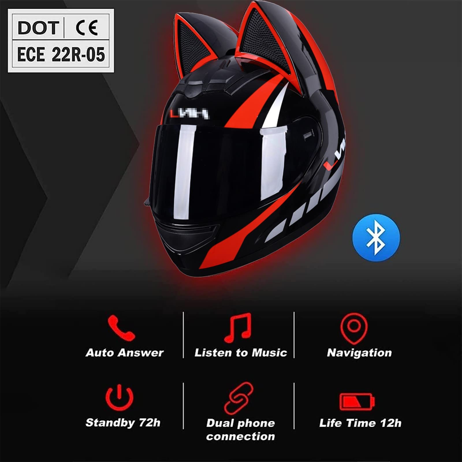 Personalisierter Bluetooth-Motorradhelm Mit Katzenohren Für Erwachsene, Integralhelm Für Jugendliche, Männer Und Frauen, Vierjahreszeitenhelme, Mit Visier, ECE-Geprüft 3,M=54~56cm von letianzhao