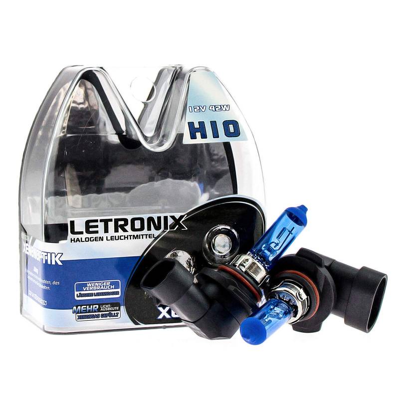 letronix Halogen Auto Lampen H10 12V 8500K Kalt Weiß Xenon Optik Gas Ultra White Look Birnen Lampe Abblendlicht Nebelscheinwerfer Fernlicht Kurvenlicht Zulassung E-Prüfzeichen (LED Optik) (H10 42W) von letronix