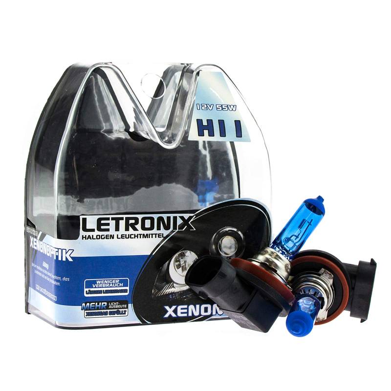 letronix Halogen Auto Lampen H11 12V 8500K Kalt Weiß Xenon Optik Gas Ultra White Look Birnen Lampe Abblendlicht Nebelscheinwerfer Fernlicht Kurvenlicht Zulassung E-Prüfzeichen (LED Optik) (H11 55W) von letronix