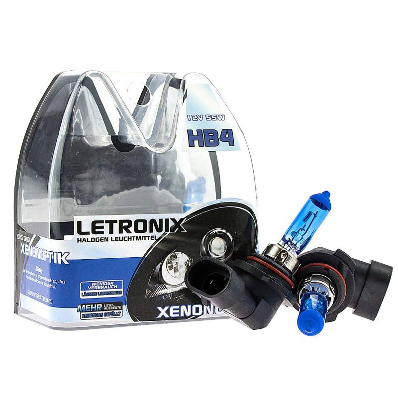 letronix Halogen Auto Lampen HB4 9006 12V 8500K Kalt Weiß Xenon Optik Gas Ultra White Look Birnen Lampe Abblendlicht Nebelscheinwerfer Fernlicht Kurvenlicht E-Prüfzeichen (LED Optik) (HB4 55W) von letronix