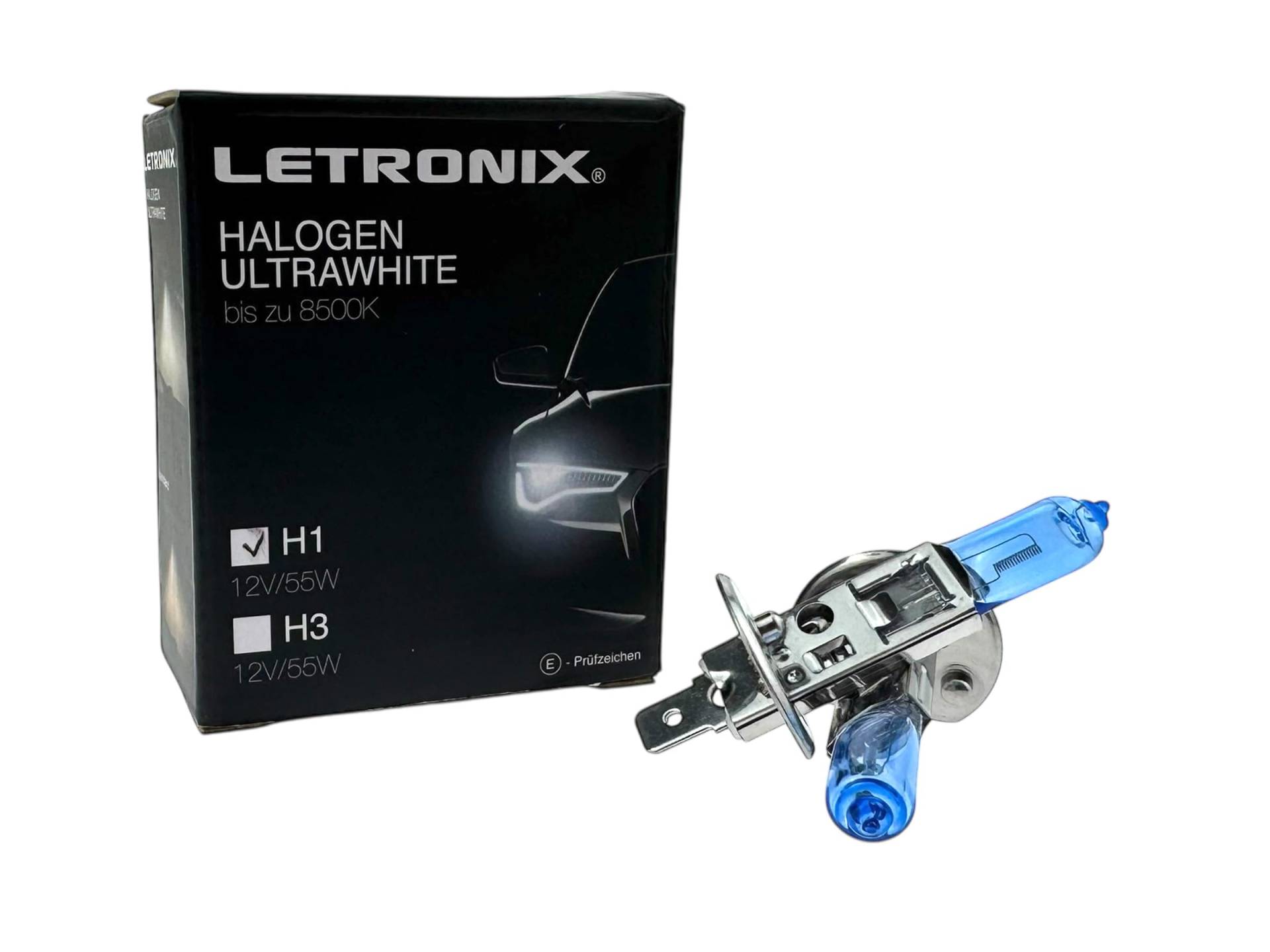 letronix Halogen Auto Lampen H1 12V 8500K Kalt Weiß Xenon Optik Gas Ultra White Look Birnen Lampe Abblendlicht Nebelscheinwerfer Fernlicht Kurvenlicht Zulassung E-Prüfzeichen (LED Optik) (H1 55W) von letronix