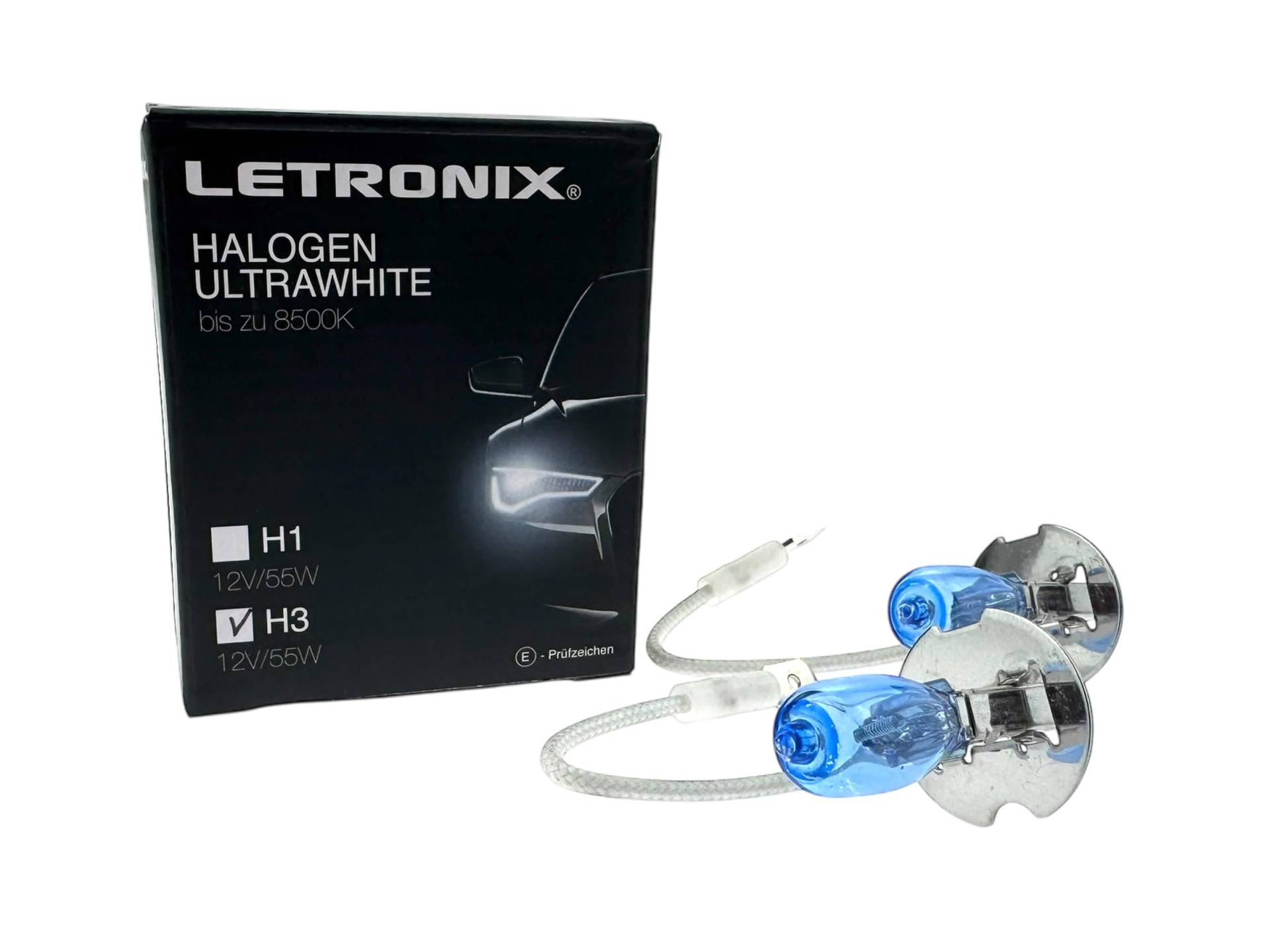 letronix Halogen Auto Lampen H3 12V 8500K Kalt Weiß Xenon Optik Gas Ultra White Look Birnen Lampe Abblendlicht Nebelscheinwerfer Fernlicht Kurvenlicht Zulassung E-Prüfzeichen (LED Optik) (H3 55W) von letronix