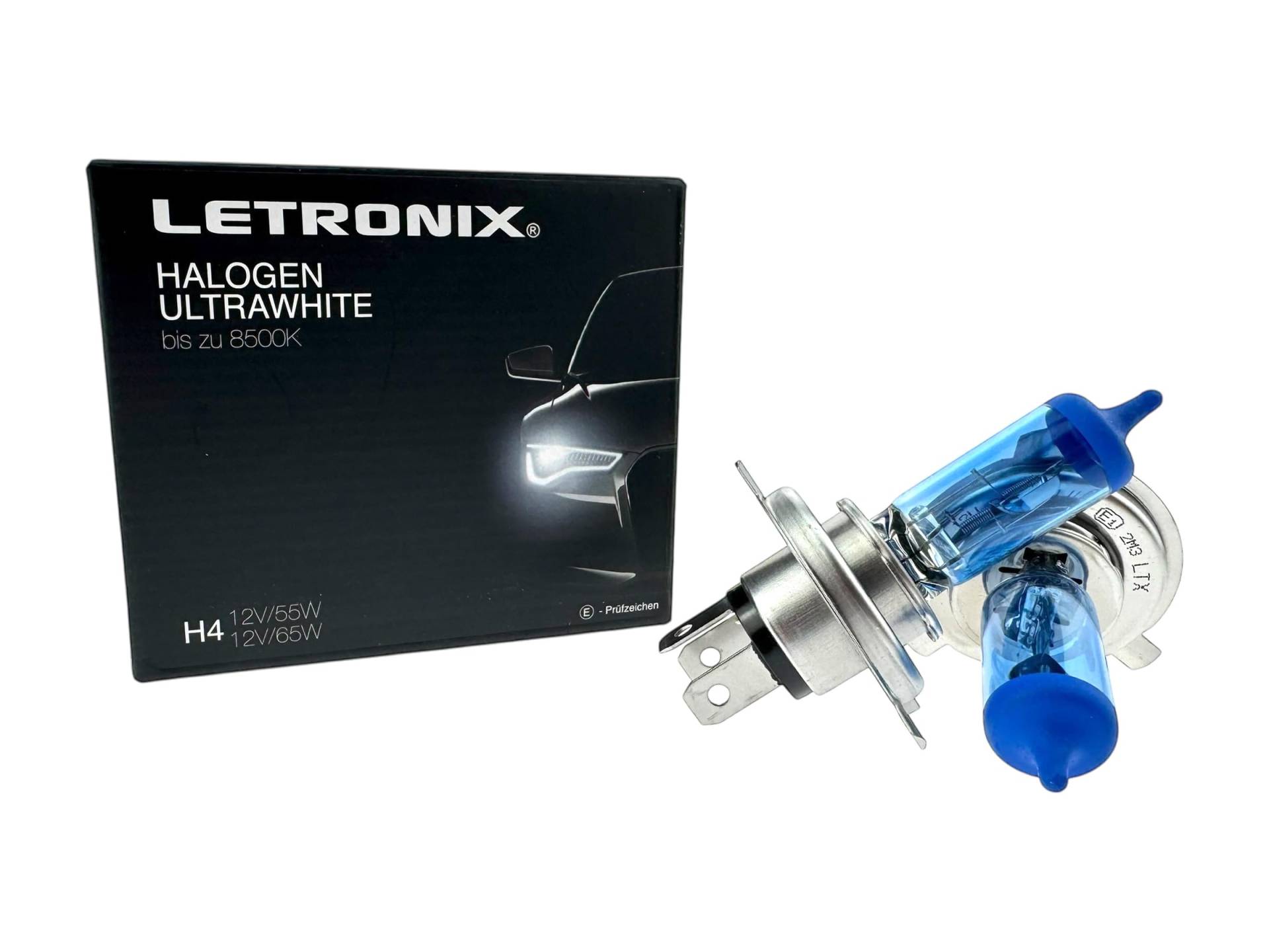 letronix Halogen Auto Lampen H4 12V 8500K Kalt Weiß Xenon Optik Gas Ultra White Look Birnen Lampe Abblendlicht Nebelscheinwerfer Fernlicht Kurvenlicht Zulassung E-Prüfzeichen (LED Optik) (H4 55/60W) von letronix