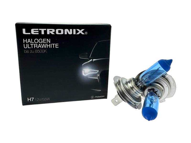 letronix Halogen Auto Lampen H7 12V 8500K Kalt Weiß Xenon Optik Gas Ultra White Look Birnen Lampe Abblendlicht Nebelscheinwerfer Fernlicht Kurvenlicht Zulassung E-Prüfzeichen (LED Optik) (H7 55W) von letronix