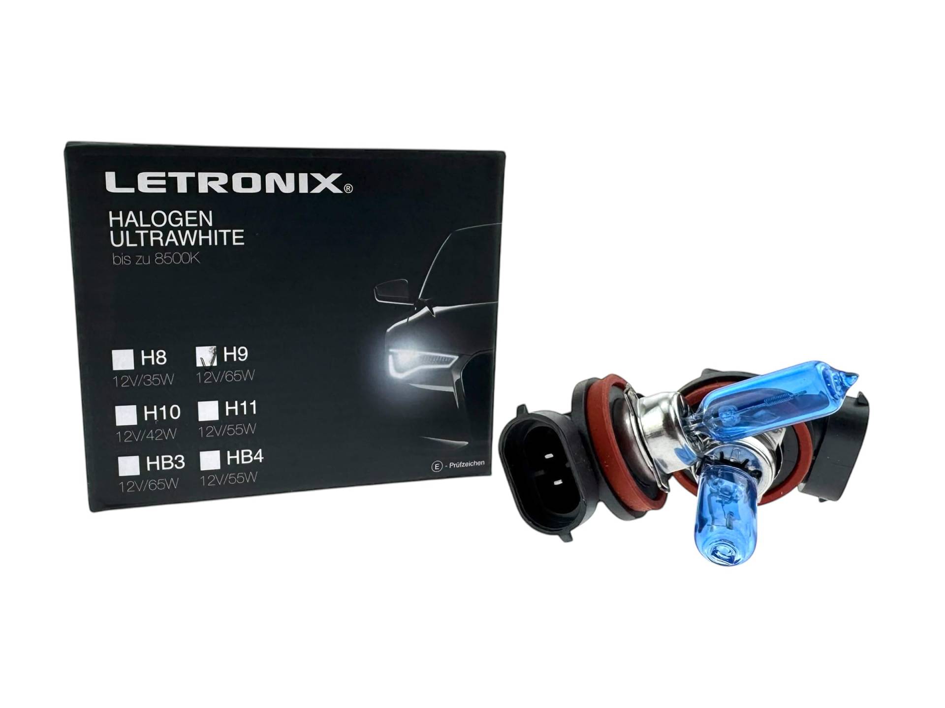 letronix Halogen Auto Lampen H9 12V 8500K Kalt Weiß Xenon Optik Gas Ultra White Look Birnen Lampe Abblendlicht Nebelscheinwerfer Fernlicht Kurvenlicht Zulassung E-Prüfzeichen (LED Optik) (H9 65W) von letronix