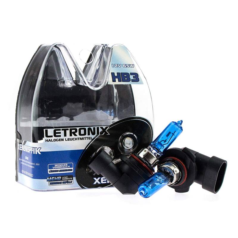 letronix Halogen Auto Lampen HB3 9005 12V 8500K Kalt Weiß Xenon Optik Gas Ultra White Look Birnen Lampe Abblendlicht Nebelscheinwerfer Fernlicht Kurvenlicht E-Prüfzeichen (LED Optik) (HB3 65W) von letronix